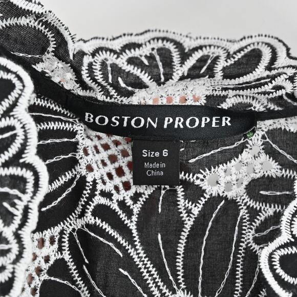BOSTON PROPER Embroidered Dress Sz 6 Black White Floral Puff Sleeve Flounce Hem‎ - Picture 8 of 15